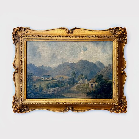 Antique Framed Landscape Oil Painting: Mountain Cottage Scene - Picture 1 of 5